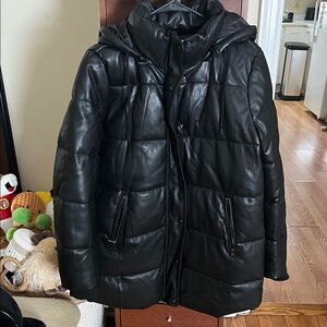 Sebby Collection Black Leather Puffer Coat with Hood